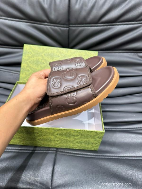 2024 Gucci Brown Leather Slippers MJ00200
