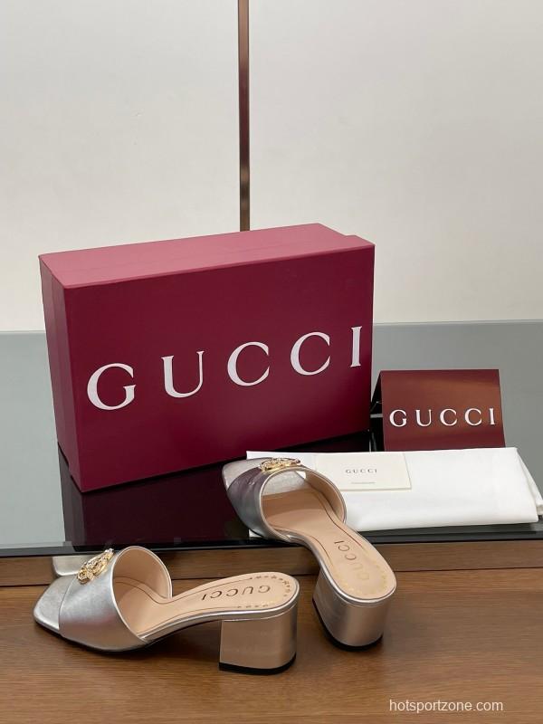 2025 Women Gucci Gold Leather Mules GG Emblem LY00280