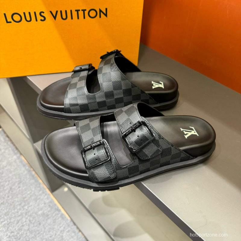 2024 Slippers Louis Vuitton Grey Black Leather Slippers