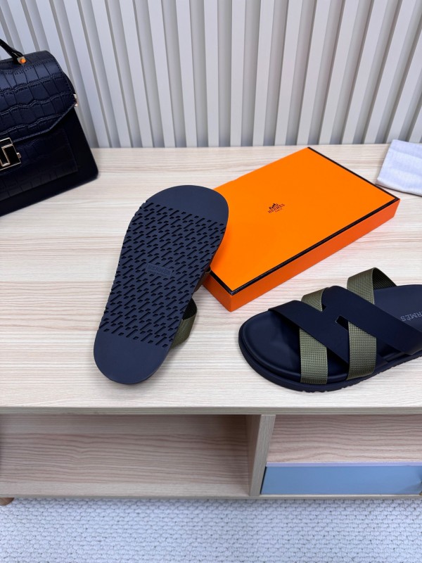 2025 Men Hermès Black Green Fabric Leather Slippers