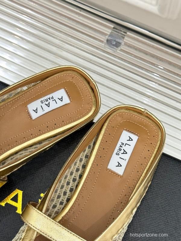 2025 Slippers AlAIA Gold Mesh Leather Slippers
