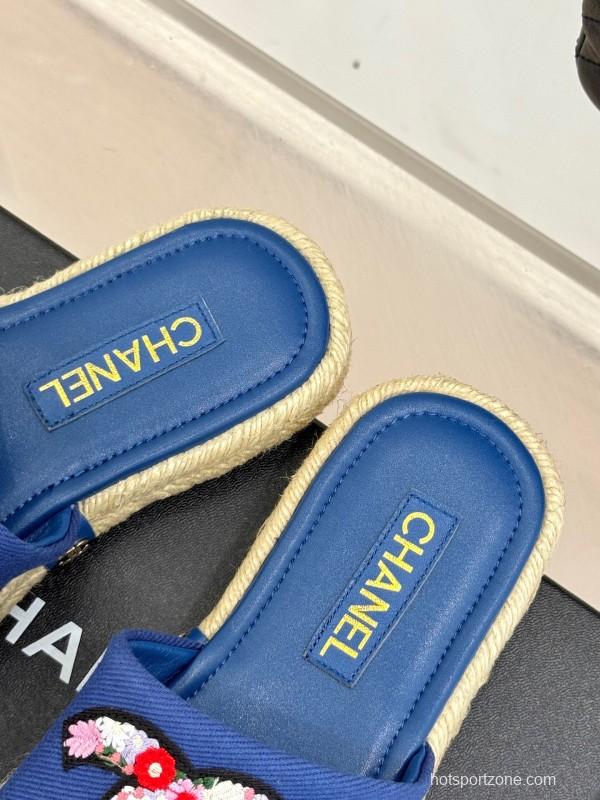 2025 CHANEL Blue Canvas Slippers Embroidered KFY00230