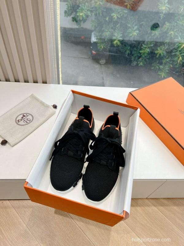 2024 Unisex Hermès Black Orange Knit Sneakers