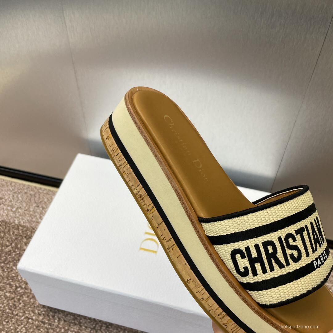 2025 Slippers Dior Beige Black Textile Platform Embroidery