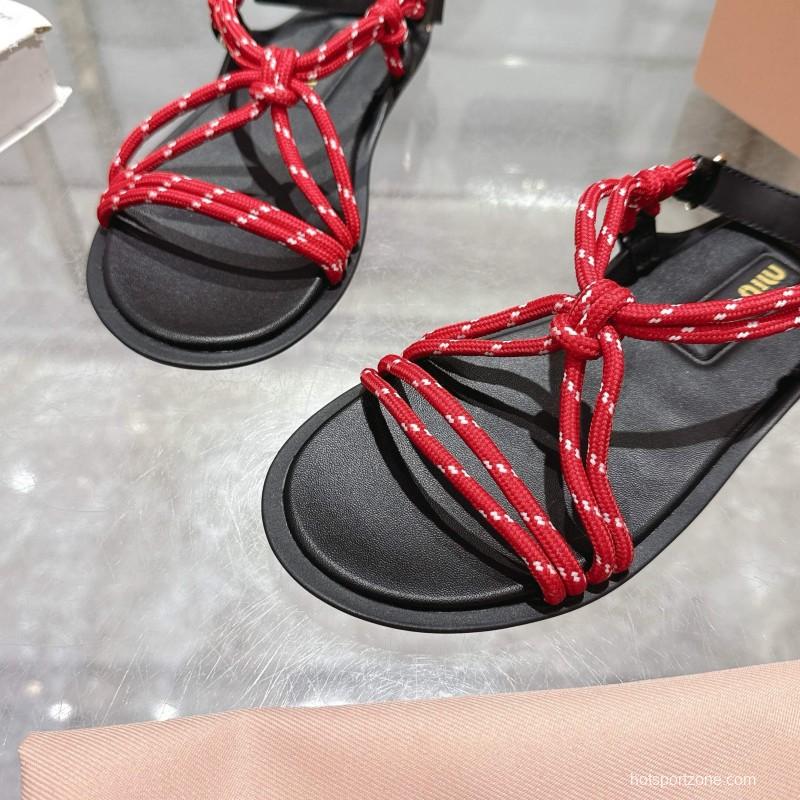 2025 Women Miu Miu Red Black Leather Rope Sandals KFY00200