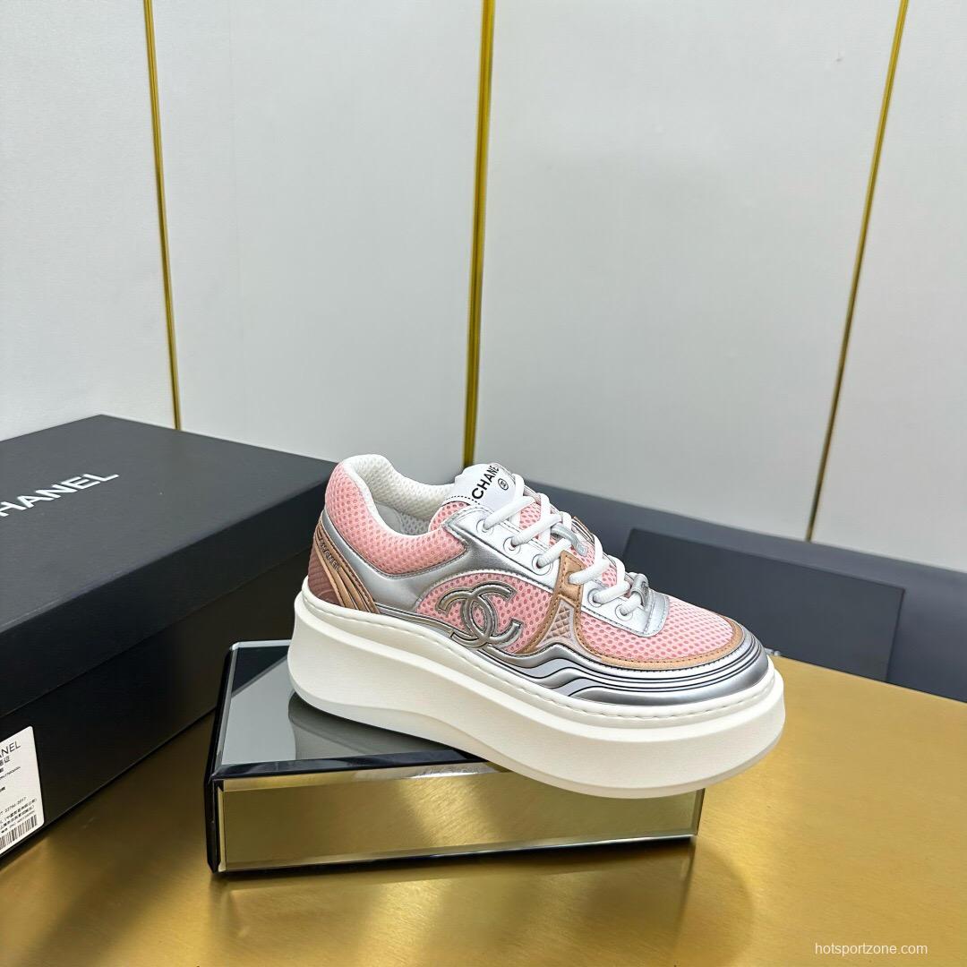 2025 Women Chanel Pink Silver Leather Mesh Sneakers