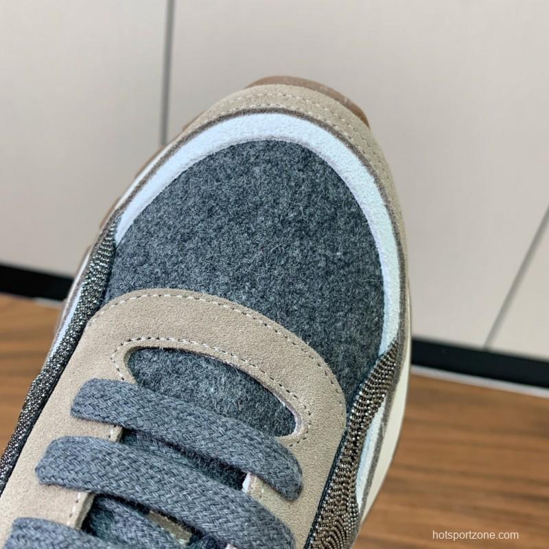 2025 Unisex Brunello Cucinelli Beige Gray White Leather Wool Casual Sneakers LY