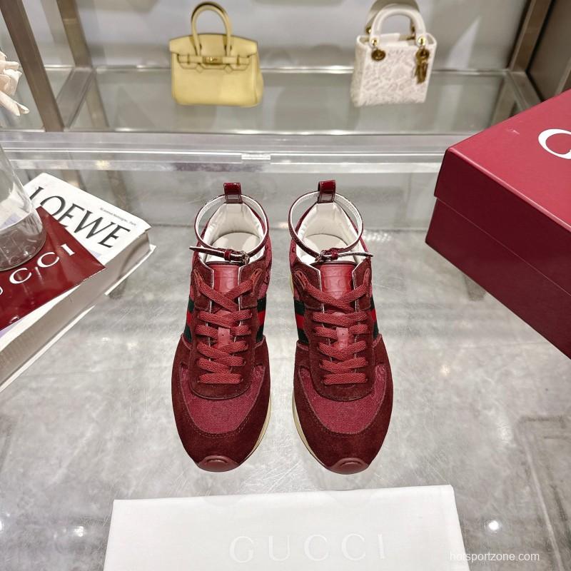 2025 Women Gucci Burgundy Red Suede Fabric Sneakers LY00340