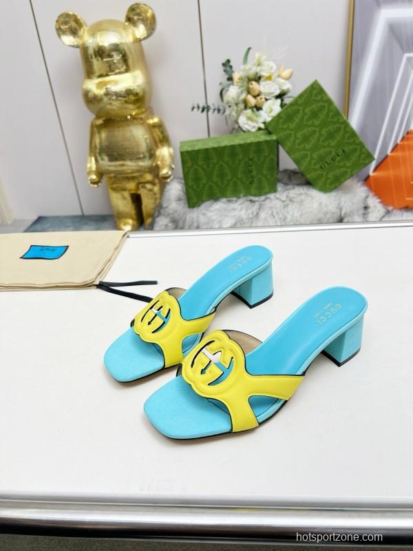 2025 Gucci Blue Yellow Leather Slippers