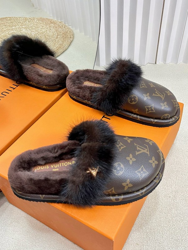2024 Slippers Louis Vuitton Brown Leather Mink Fur Slippers MJ00340