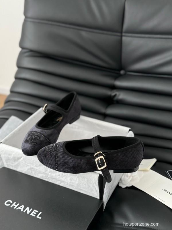 2025 Women Chanel Black Velvet Mary Jane Embroidered LY00280