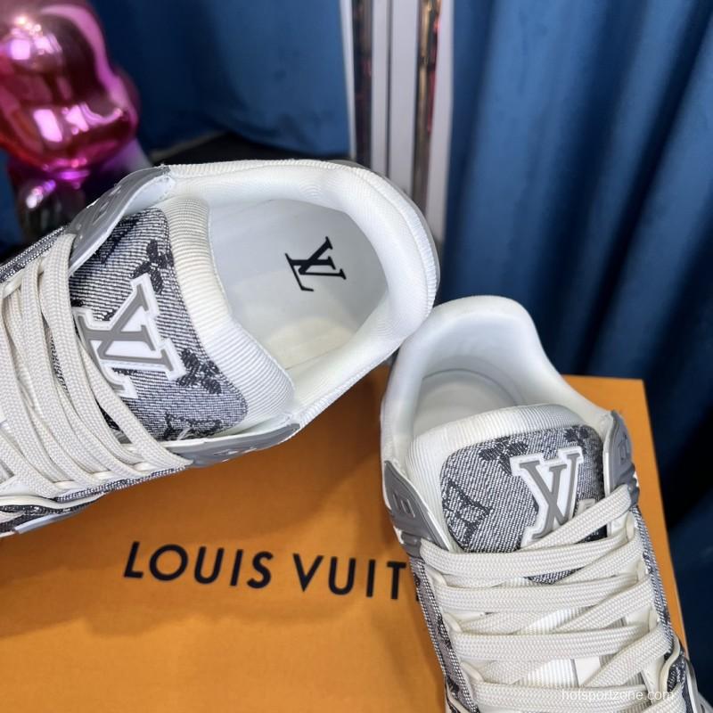 2025 Unisex Louis Vuitton Grey White Fabric Leather Sneakers