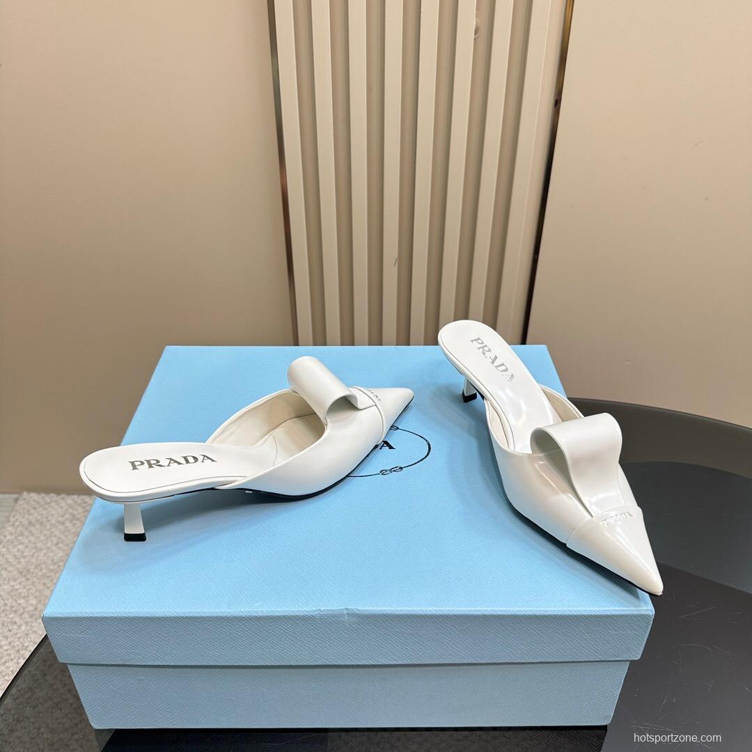 2025 Women Prada White Leather High Heel Mules