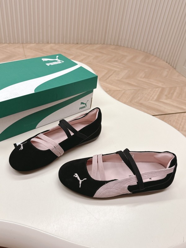 2025 Women PUMA Pink Black Suede Leather Ballet Flats LY