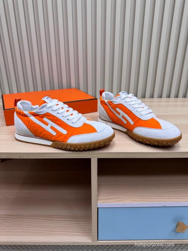 2025 Unisex Hermès Orange White Suede Nylon Sneakers Top Version LY00310