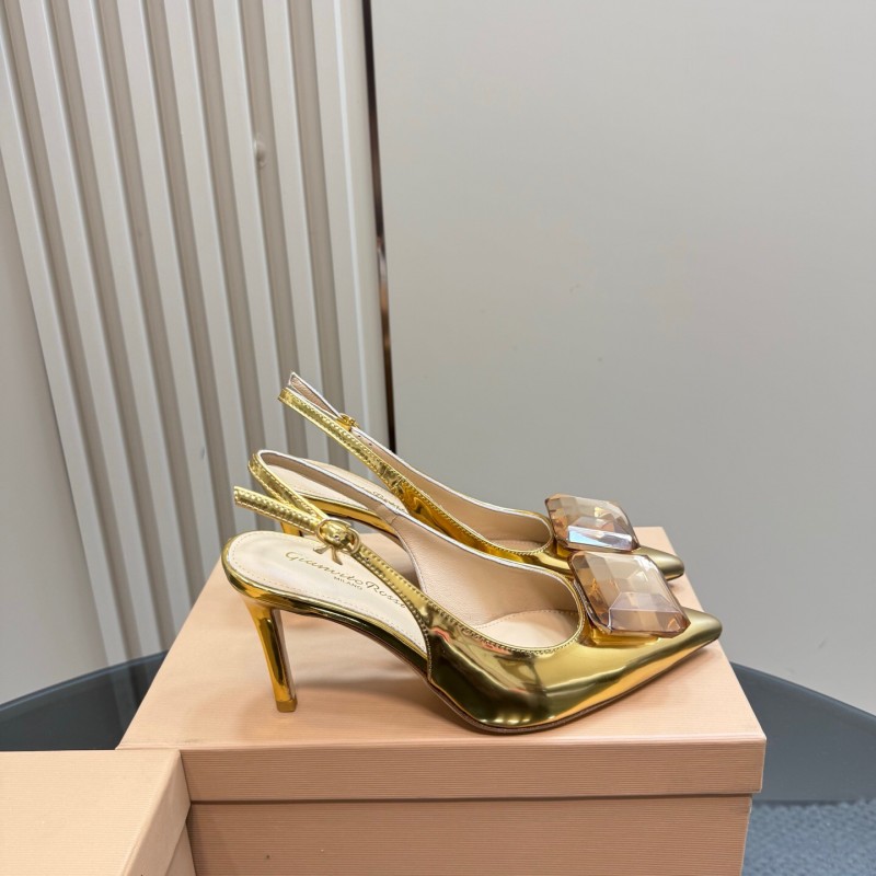2025 Women Gianvito Rossi Gold Leather Slingback Gemstone KFY00300