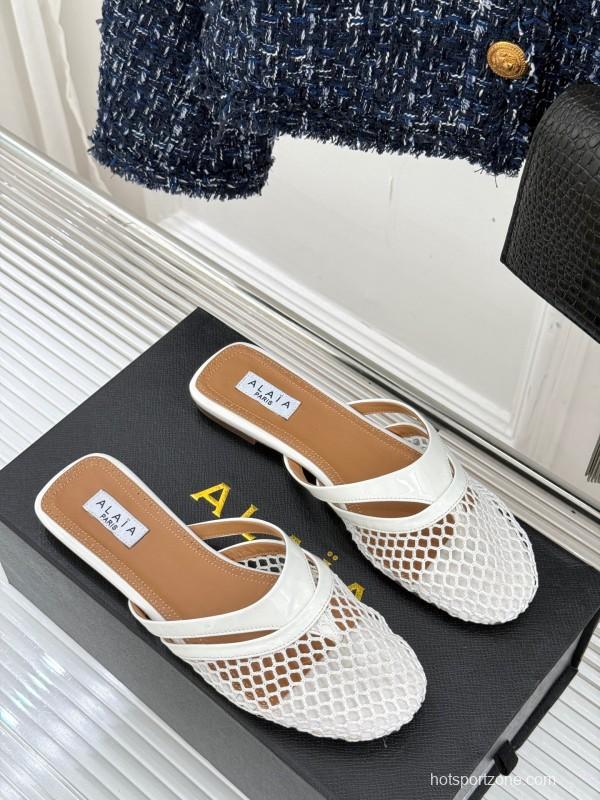 2025 Slippers AlAIA White Leather Mesh Flat Shoes