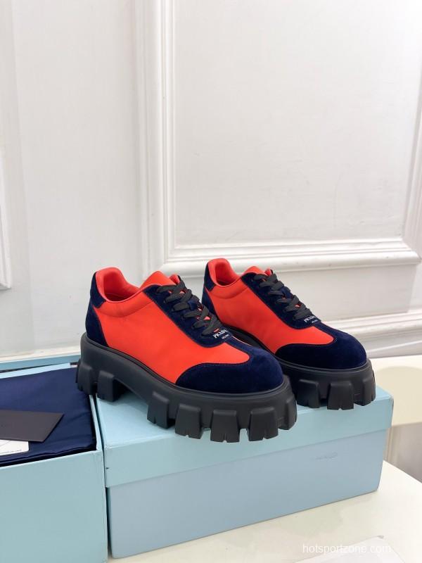 2025 Unisex Prada Red Navy Suede Silk Sneakers KFY00310(F)/KFY00330(M)