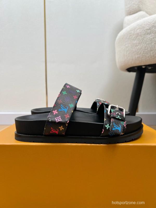 2025 Women Louis Vuitton Black Rainbow Canvas Slippers KFY00280