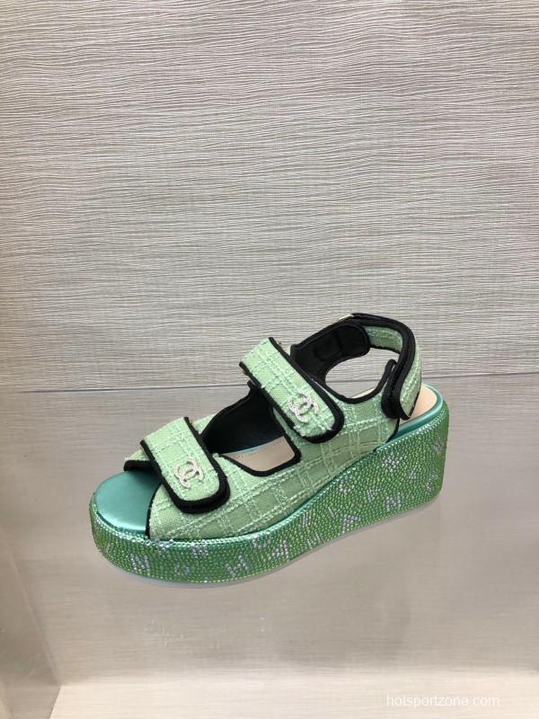 2025 Slippers Chanel Mint Green Textile Platform Sandals LY00330