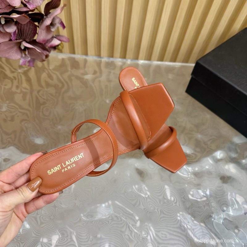 2025 Women Yves Saint Laurent Brown Leather High Heel Sandals Metal Logo MJ00310
