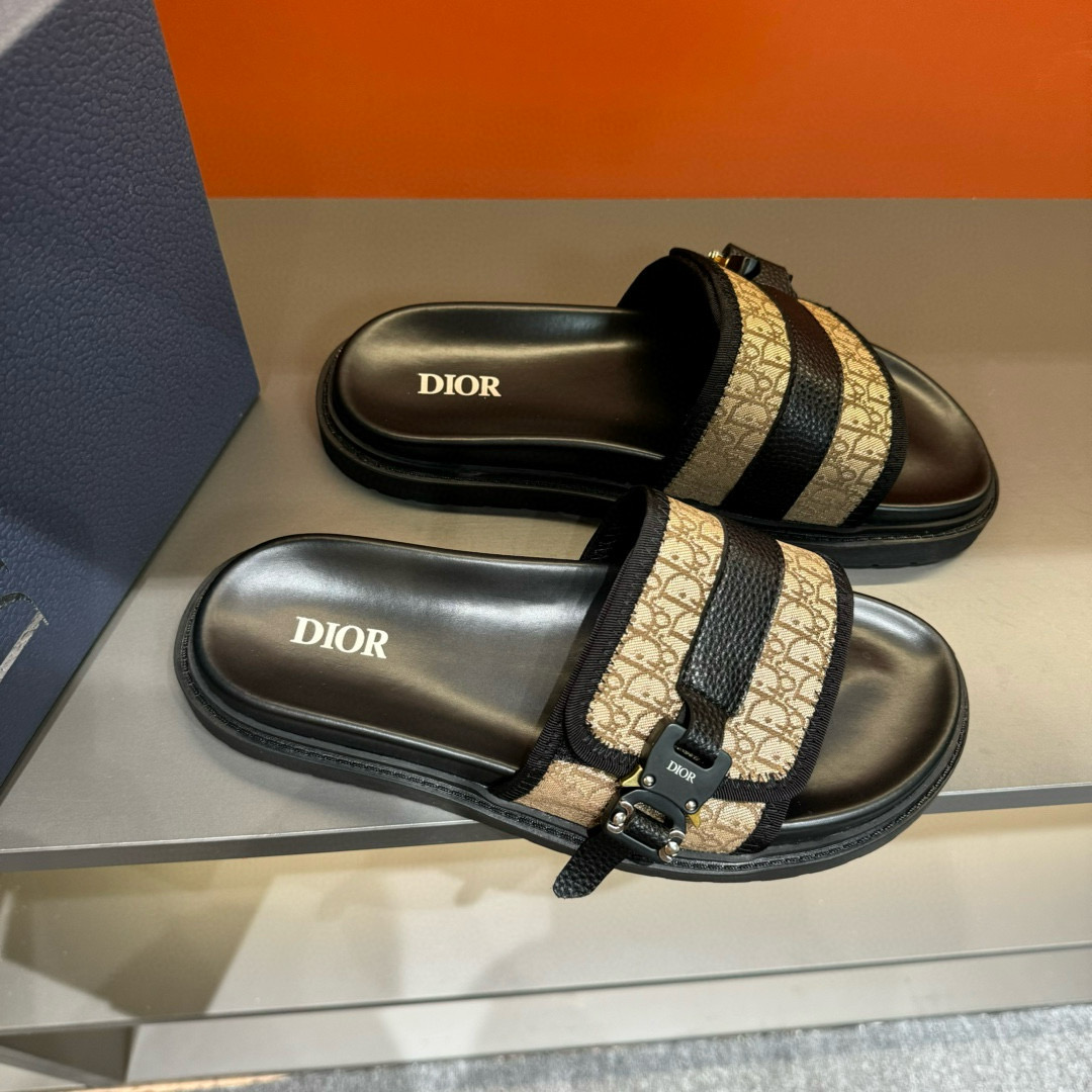 2024 Slippers Dior Beige Black Leather Canvas Slippers