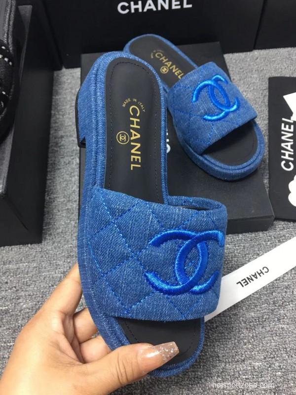 2025 Women Chanel Blue Fabric Slippers LY00000