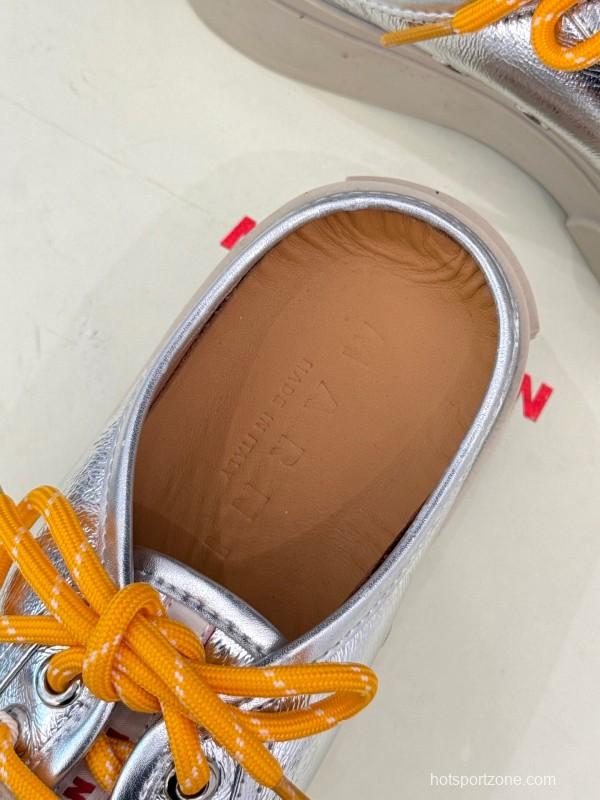 2025 Women Yves Saint Laurent Silver Leather Platform Sneakers With Orange And Beige Laces YSL123(F)