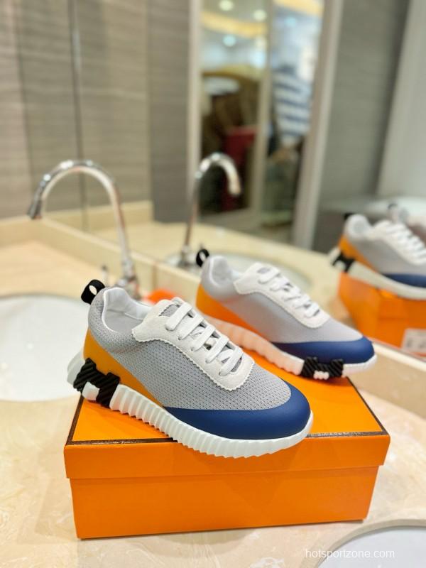 2024 Unisex Hermès Blue Grey Orange Suede Rain Cloth Sneakers MJ00320