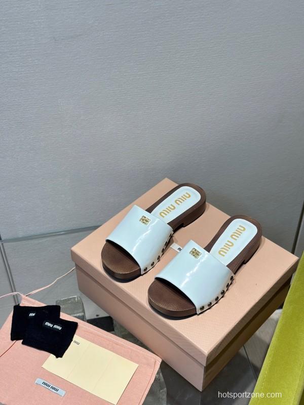 2025 Women Miumiu White Leather Slippers