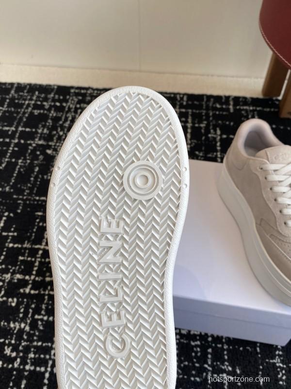2025 Women Celine Beige Suede Platform Sneakers CELINE Embroidery