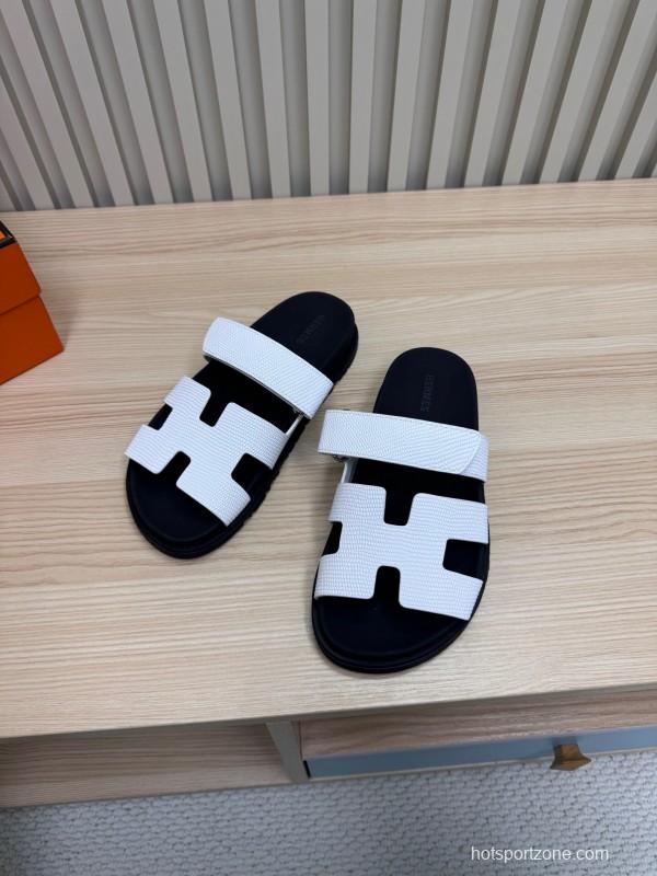 2025 Women Hermès White Black Leather Slippers