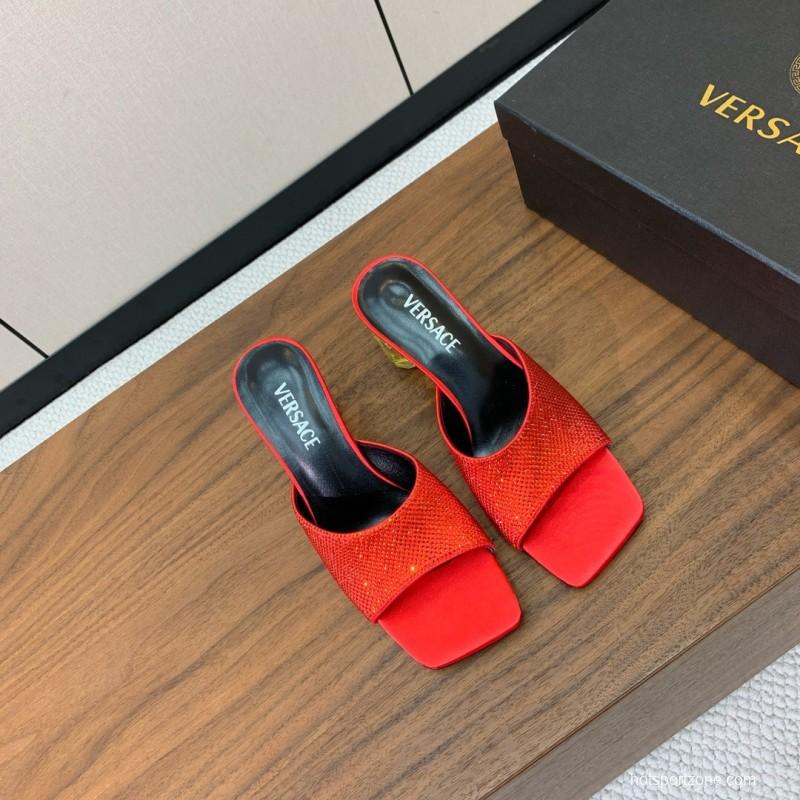 2025 Women VERSACE Red Leather Suede Slip-on Sandals