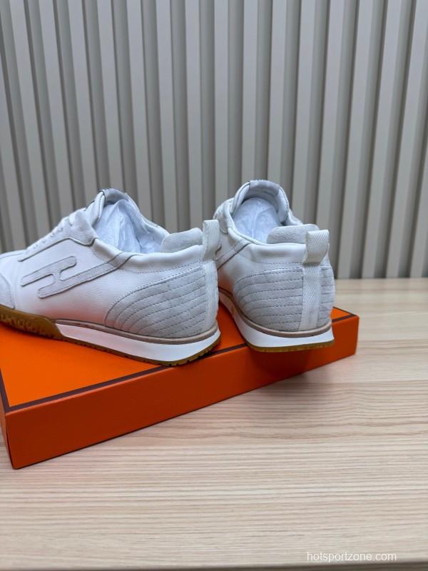 2025 Unisex Hermès White Suede Down Fabric Sneakers KFY00300