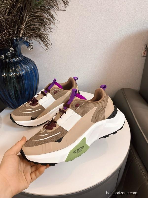 2024 Unisex Valentino beige white purple mesh leather sneakers