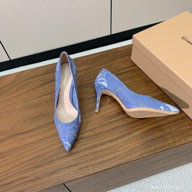 2025 Women Gianvito Rossi Blue Lace Leather Pumps