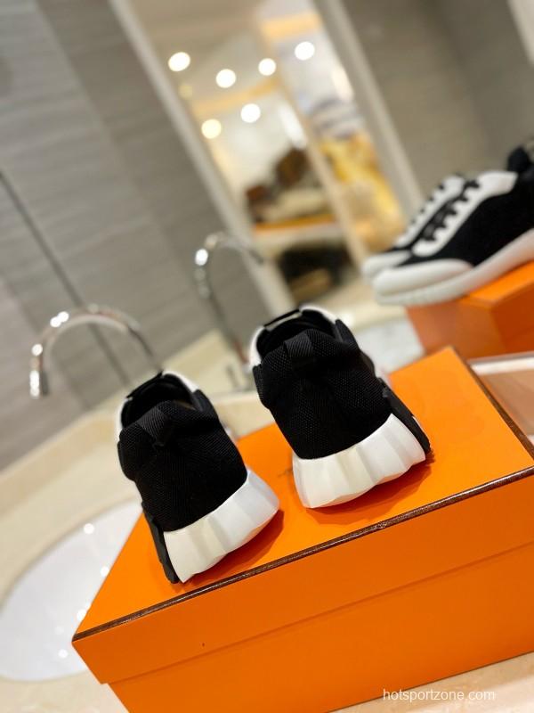 2024 Unisex Hermès Black White Knitted Leather Sneakers