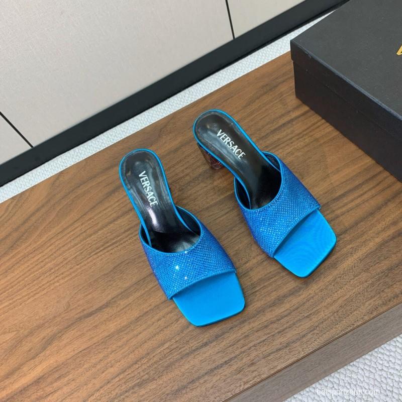 2025 Women VERSACE Blue Satin Slippers