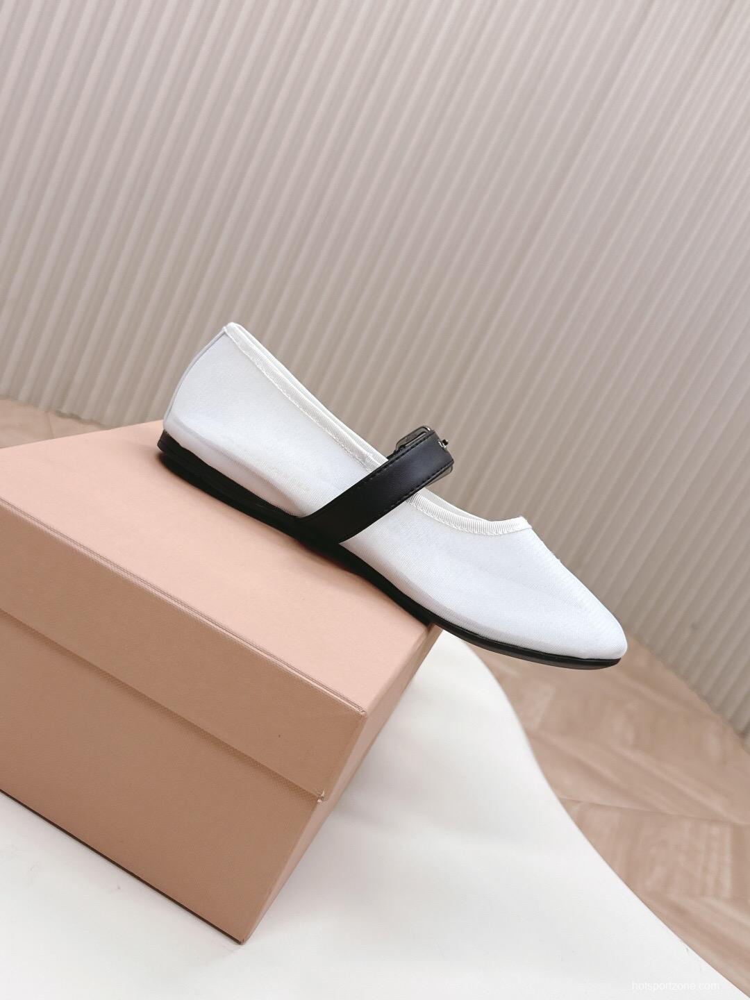 2025 Women Miu Miu White Black Mesh Leather Ballet Flats
