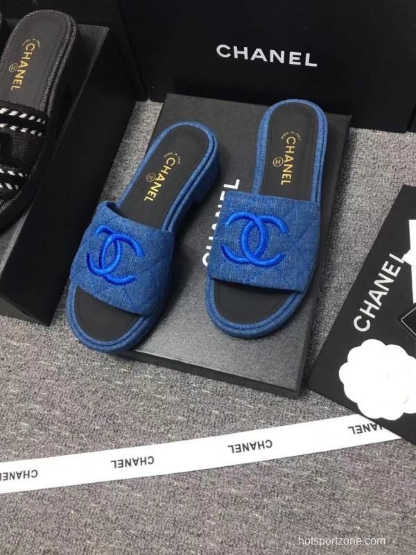 2025 Women Chanel Blue Fabric Slippers LY00000