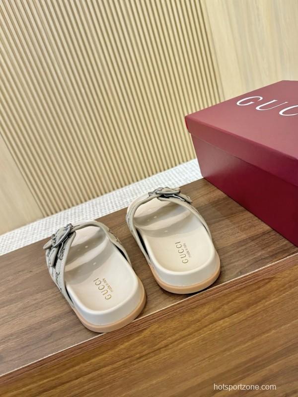 2025 Women Gucci Beige Canvas Leather Slippers LY00360