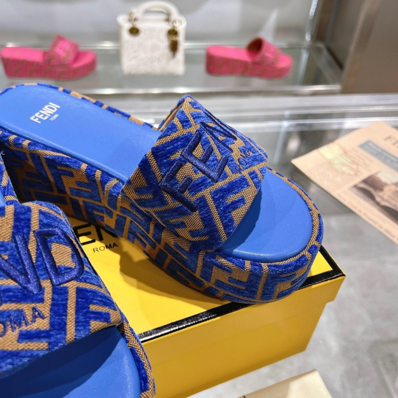 2025 Slippers Fendi Blue Brown Fabric FF Jacquard Platform