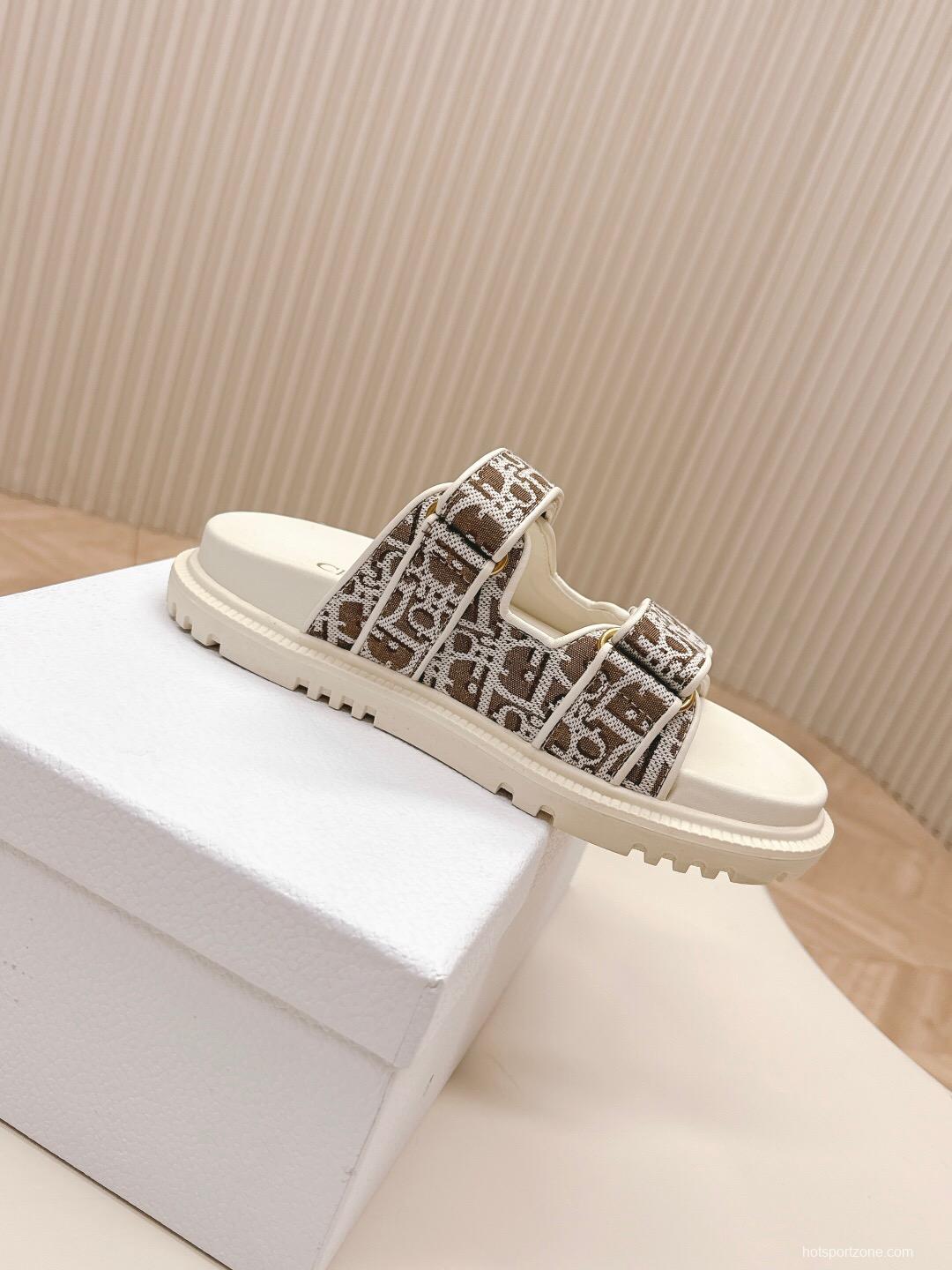 2025 Women Dior Brown Beige Canvas Leather Sandals LY
