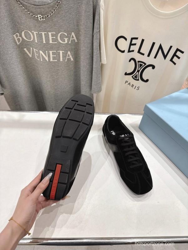 2025 Unisex Prada Black Suede Leather Casual Shoes KFY00300