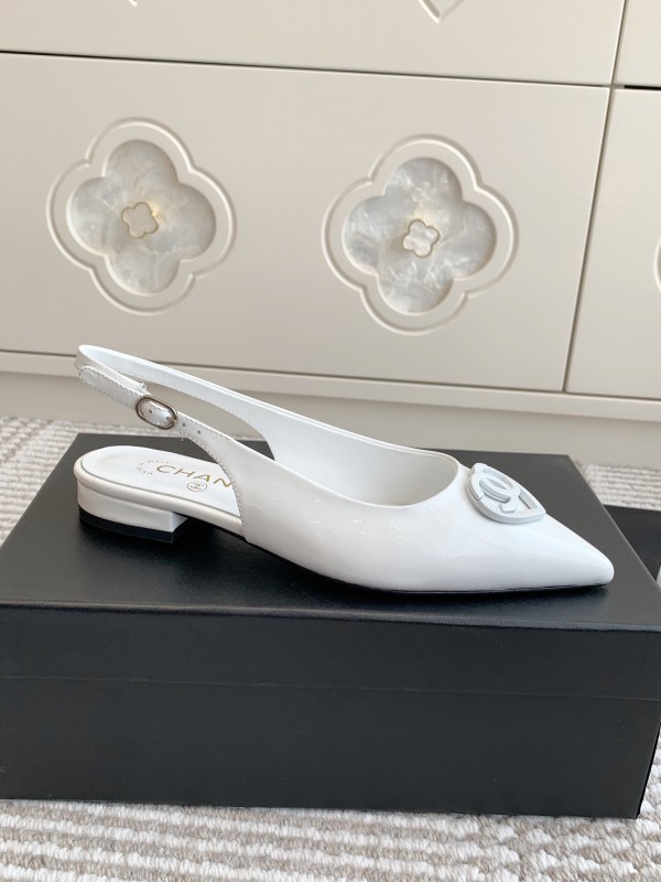 2025 Women Chanel White Leather Slingback Pointed Toe Heart Double C KFY00300