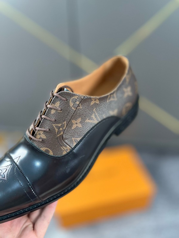 2024 Men Louis Vuitton Brown Black Leather Canvas Oxford MJ00380
