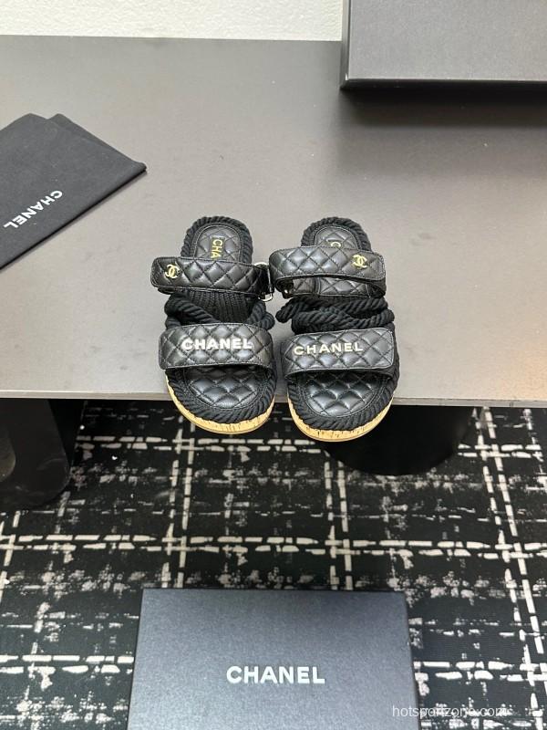 2025 Slippers Chanel Black Leather Cork Sole Sandal LY00250
