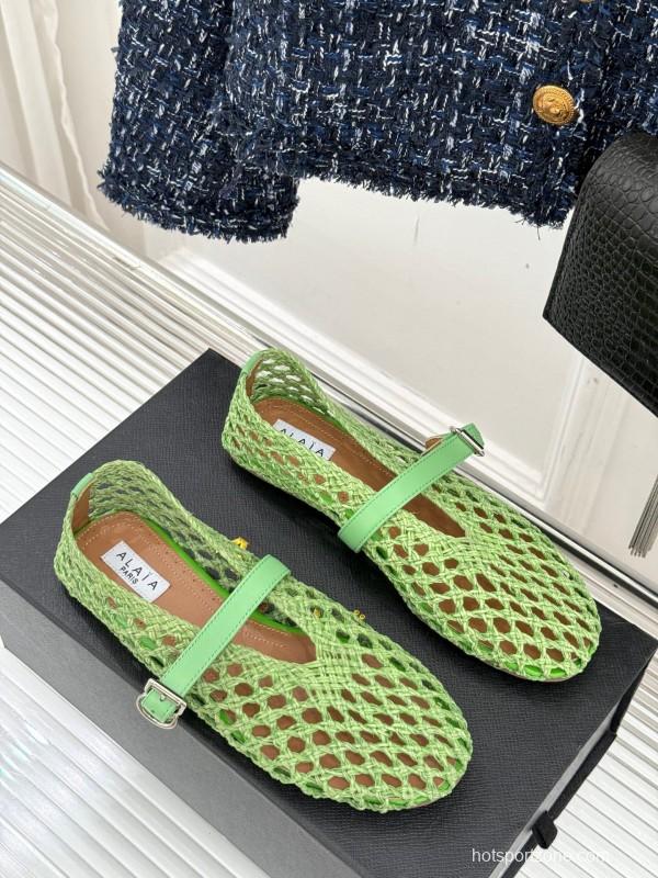 2025 Women AlAIA Green Leather Mesh Mary Jane