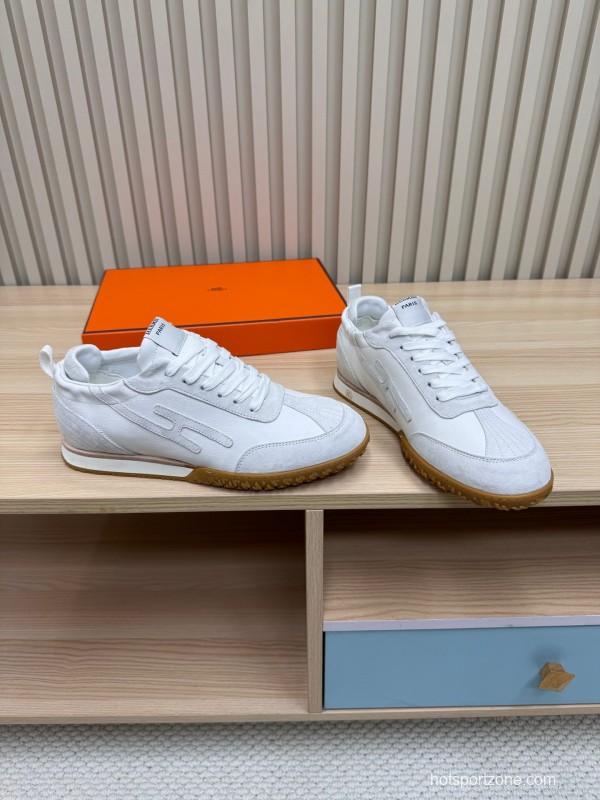 2025 Unisex Hermès White Suede Down Fabric Sneakers KFY00300
