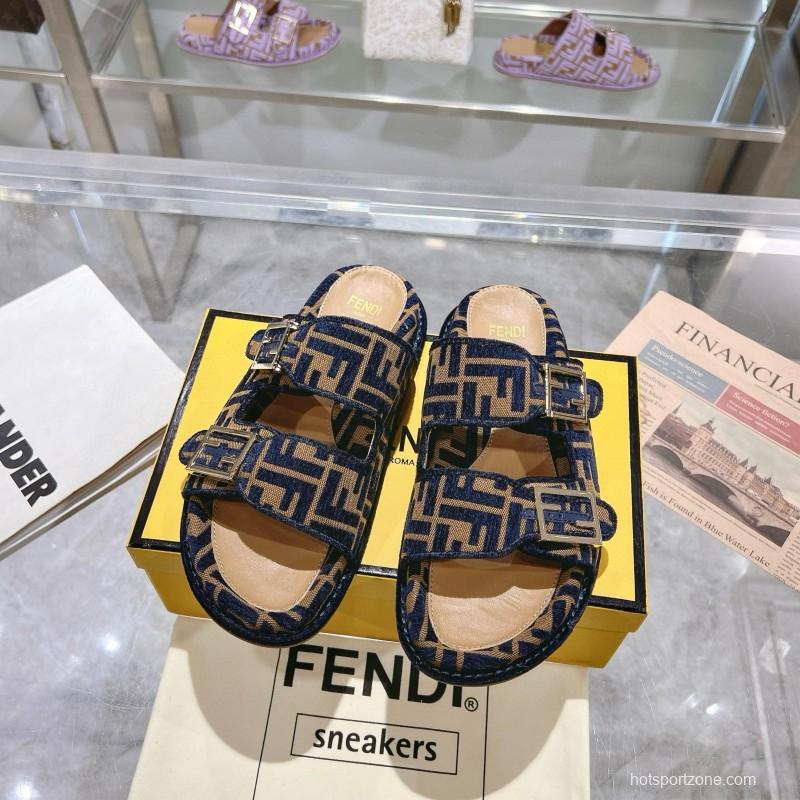 2025 Slippers Fendi Blue Brown Jacquard FF Pattern MJ00230